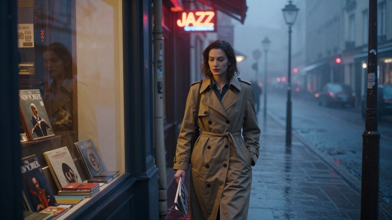 A woman walking alone at night in Saint-Germain, holding a newspaper, rain reflecting on cobblestones.