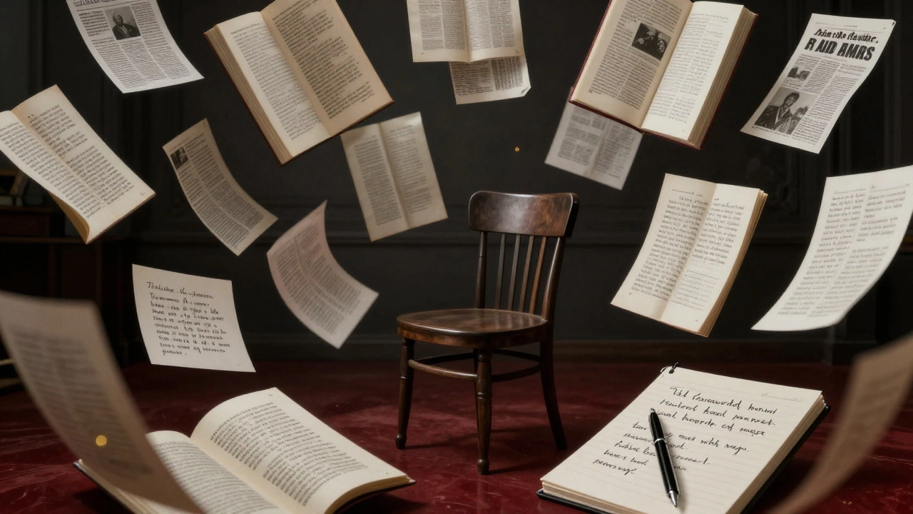 Floating book pages and quotes swirling around an empty chair in a dim Paris study.