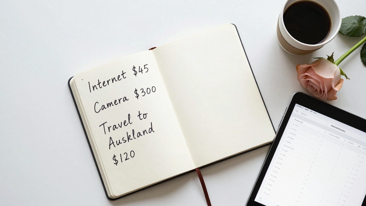Handwritten tax expenses beside a tablet showing a simple spreadsheet, coffee and rose on table.